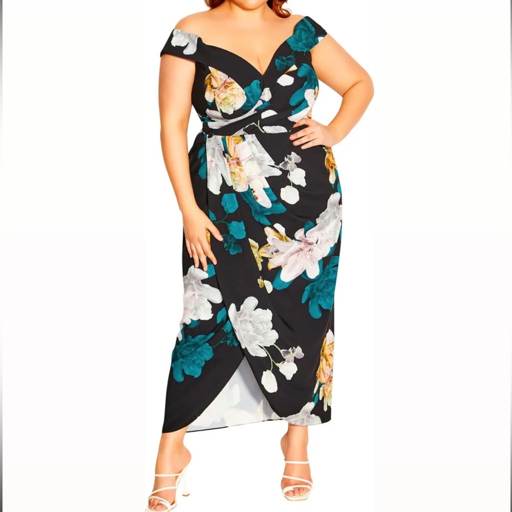 City Chic Off the Shoulder Tulip Hem Maxi Dress Floral Glow Size 18W Plus Size